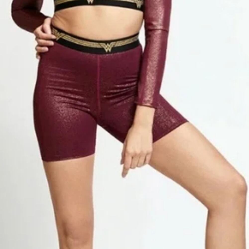 Eleven Venus Williams Wonder Women Biker Shortie Burgundy Gold Shimmer Small NWT